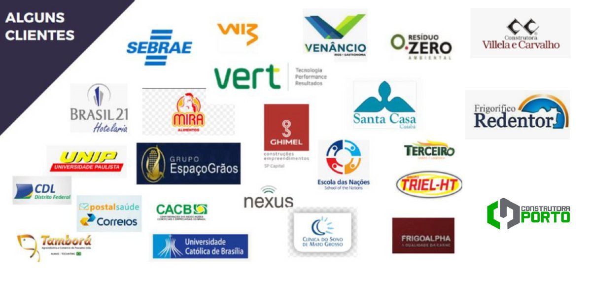 Logotipos de clientes atendidos pela AB1, entre eles Sebrae, Correios, Santa Casa, Universidade Católica de Brasília e CDL